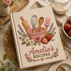Personalized baking tools hand embroidered recipe book with whisk rolling pin spoon and strawberries