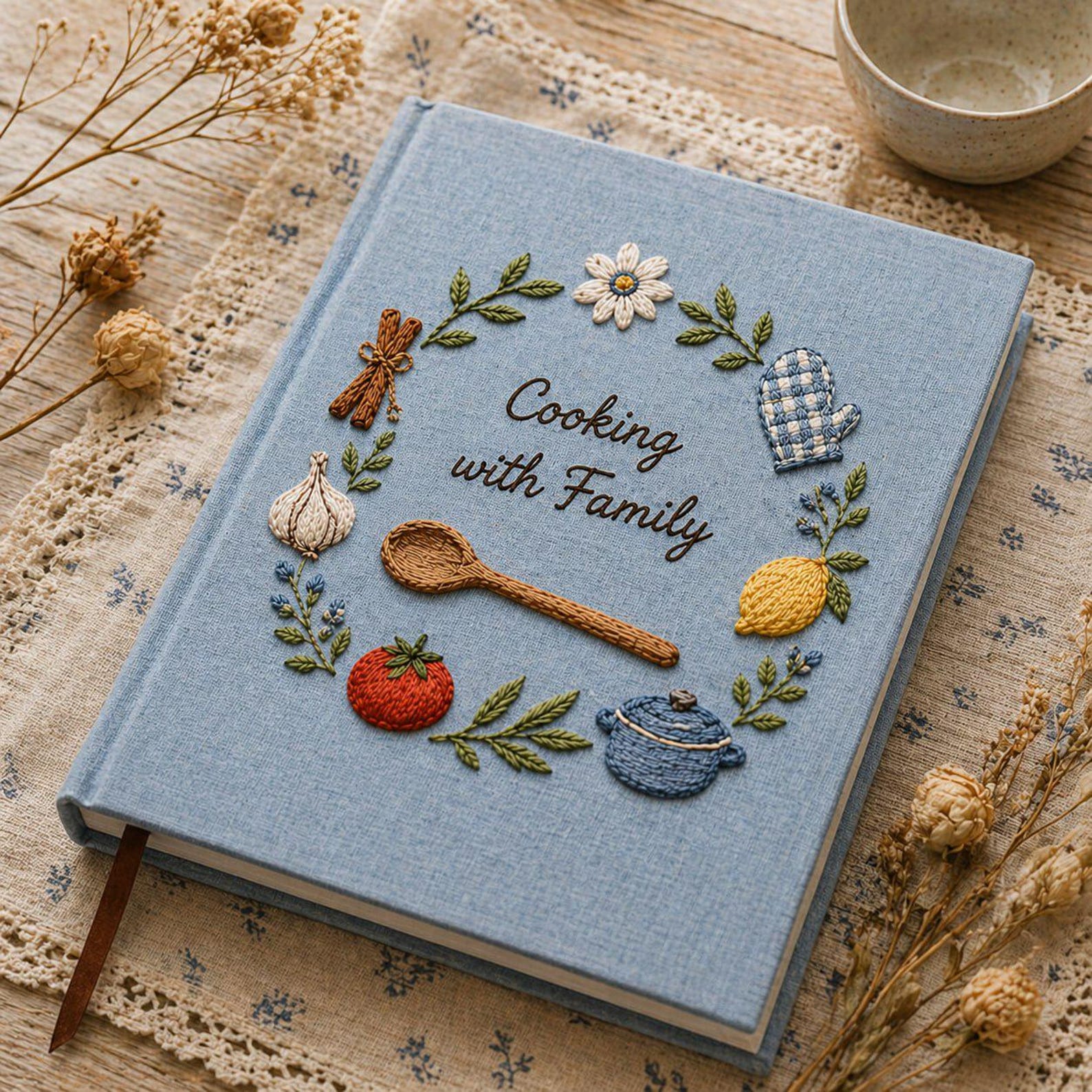 Personalized hand embroidered recipe book featuring cooking spoon, garlic, lemon, tomato, oven mitt, cooking pot, herbs and family kitchen themed embroidery on blue linen cover.