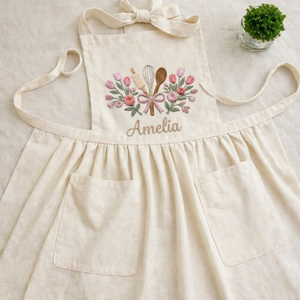 Personalized hand embroidered linen baker apron featuring floral baking utensils embroidery and custom name personalization on a natural beige apron.