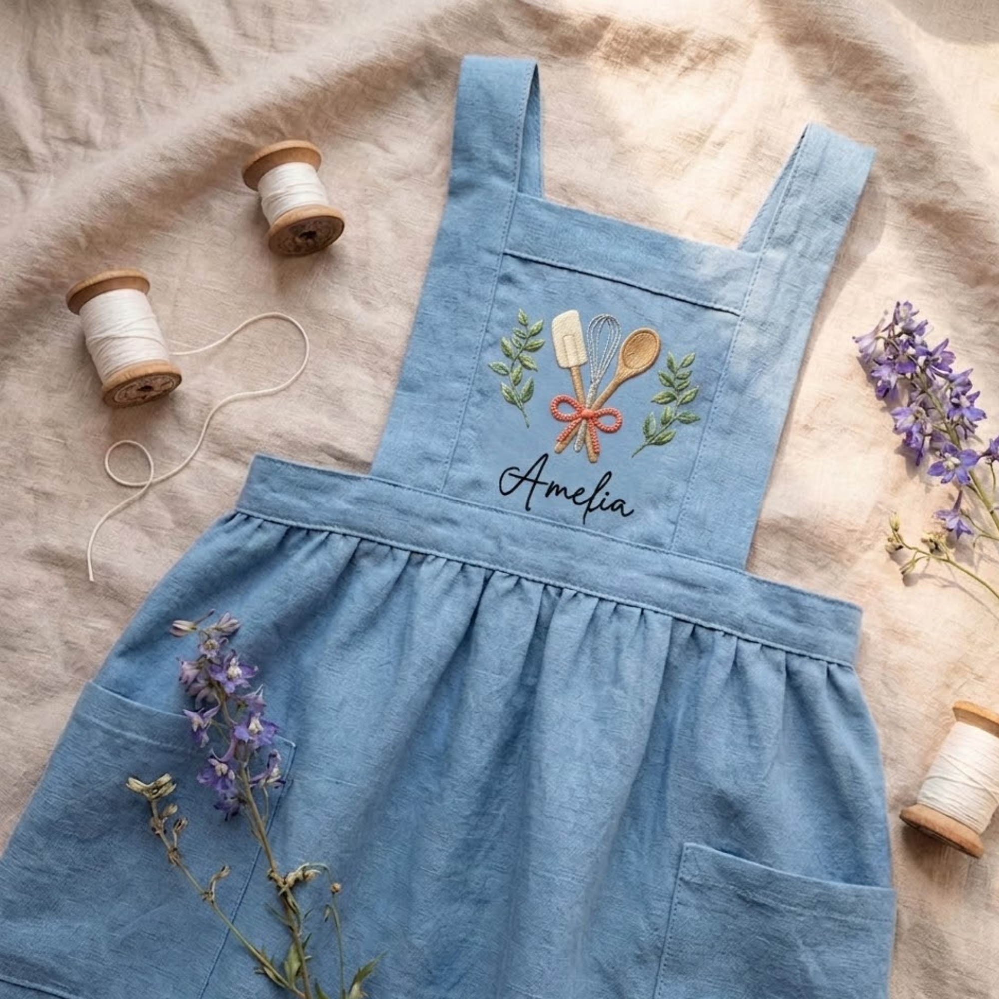 Personalized hand embroidered linen apron featuring baking tools embroidery with custom name, designed for kids who love baking, cooking, and creative kitchen activities.
