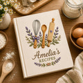 Personalized hand embroidered recipe book featuring lavender baking utensils embroidery with whisk spoon and rolling pin on linen cover