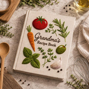Personalized hand embroidered recipe book featuring carrots, tomatoes, radish, peas, cauliflower, onion, fresh herbs and garden harvest vegetables on natural linen cover.