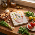 Personalized hand embroidered recipe book featuring fresh vegetables herbs garlic mushrooms lemons tomatoes and a rustic mixing bowl design on a linen cover.