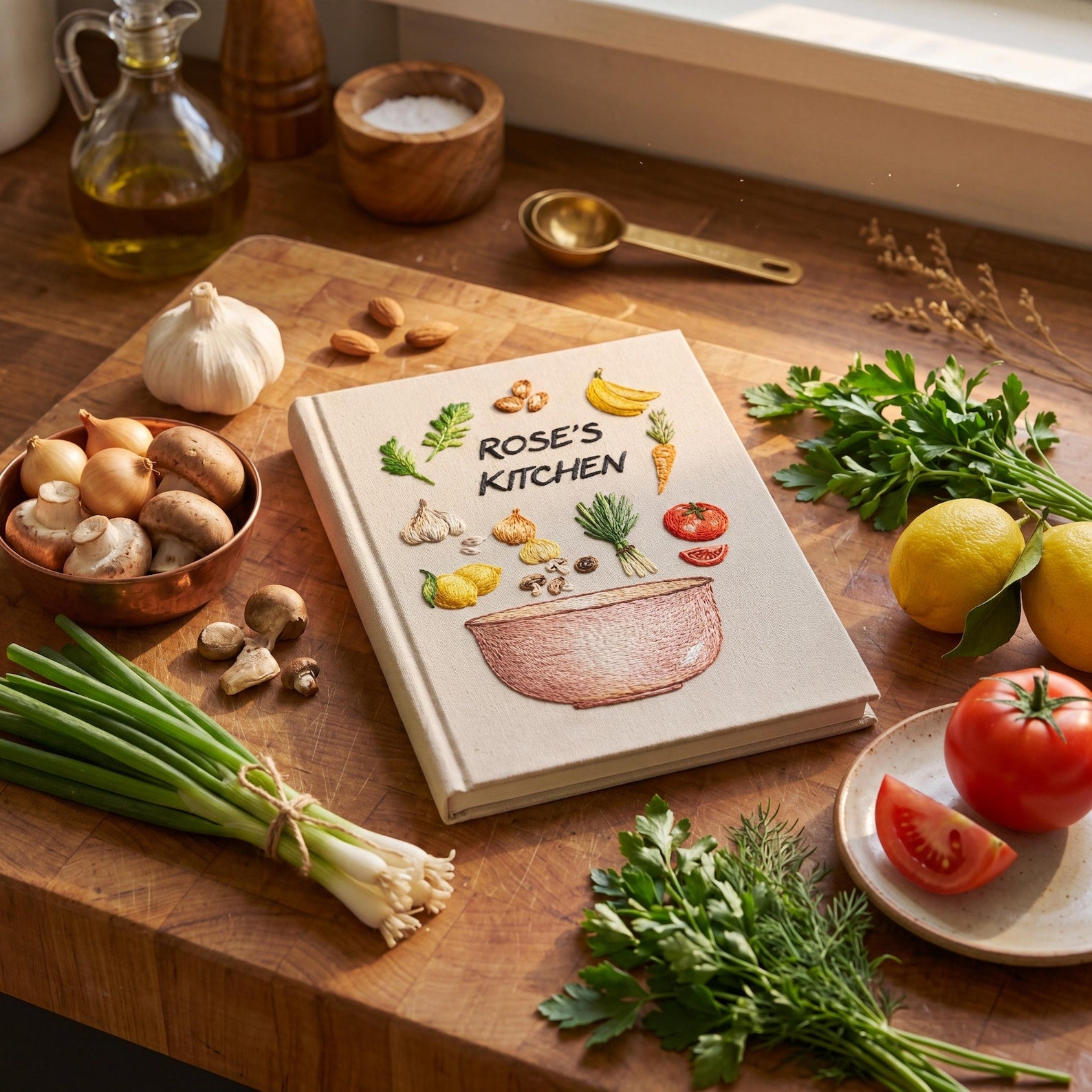 Personalized hand embroidered recipe book featuring fresh vegetables herbs garlic mushrooms lemons tomatoes and a rustic mixing bowl design on a linen cover.