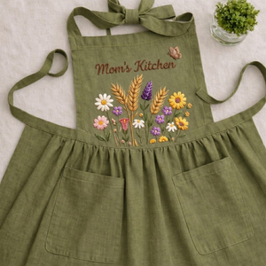 Personalized hand embroidered wildflower linen apron with custom name embroidery, colorful meadow flowers, cottagecore floral design, cooking and gardening apron.