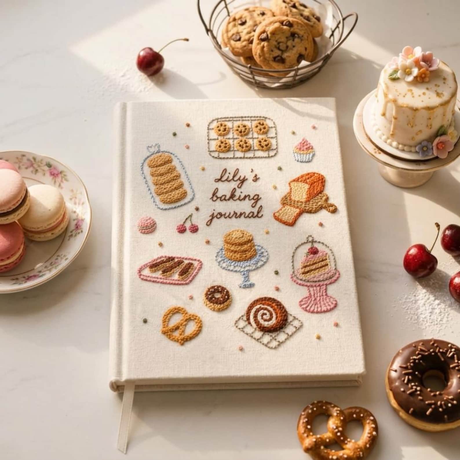 Personalized hand embroidered baking journal featuring cookies cakes donuts pastries macarons and bakery treats on linen cover