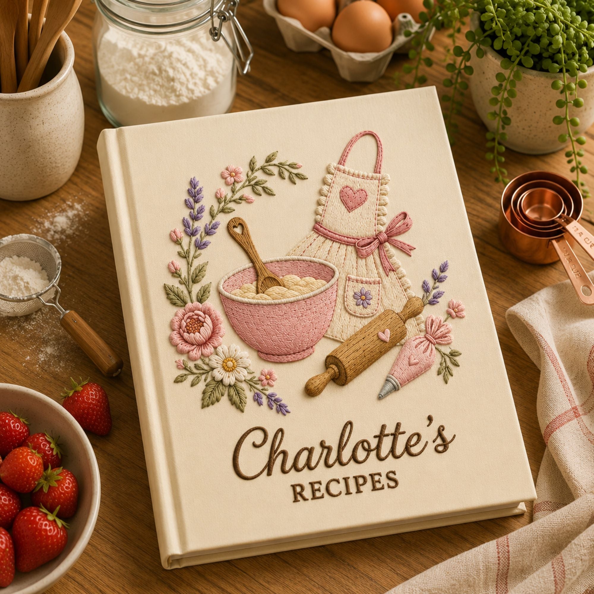 Personalized hand embroidered recipe book featuring a floral apron, mixing bowl, rolling pin, piping bag, lavender flowers and cottagecore baking elements on a linen cover.