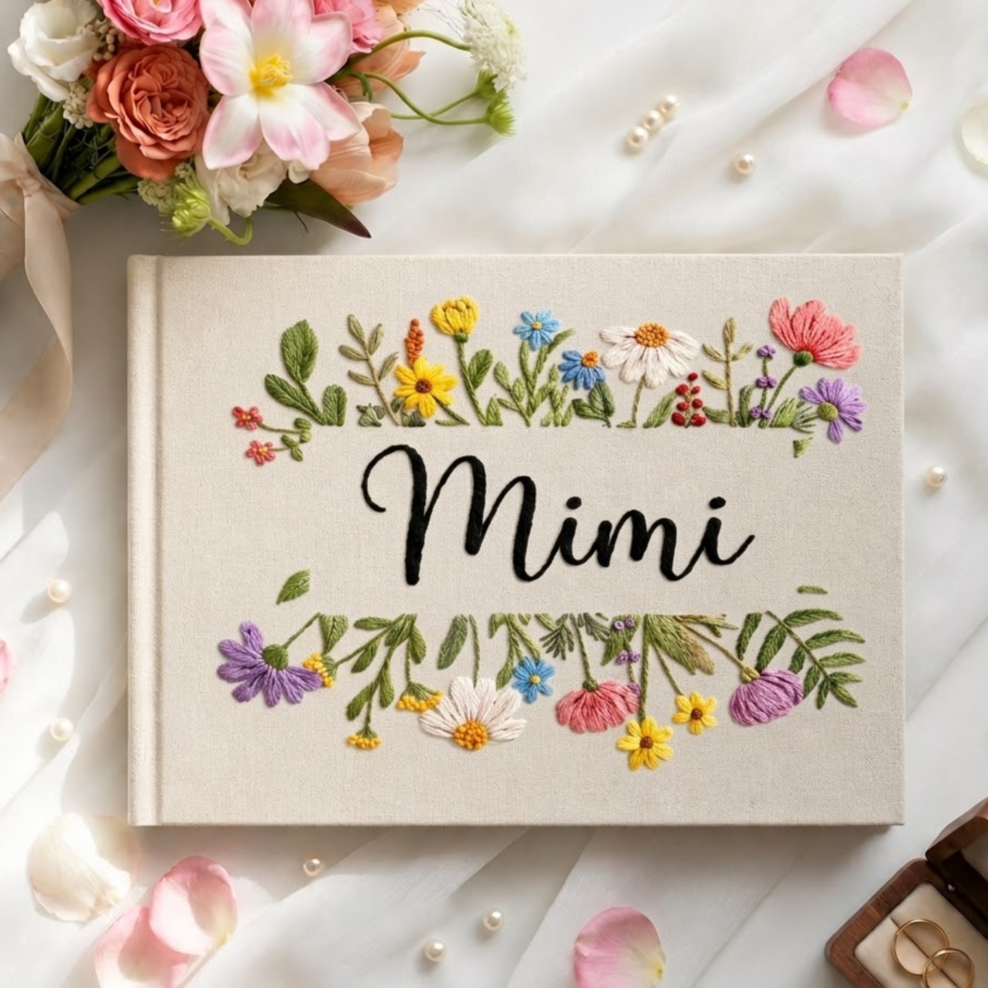 Personalized wildflower frame hand embroidered linen notebook with colorful floral border and custom name