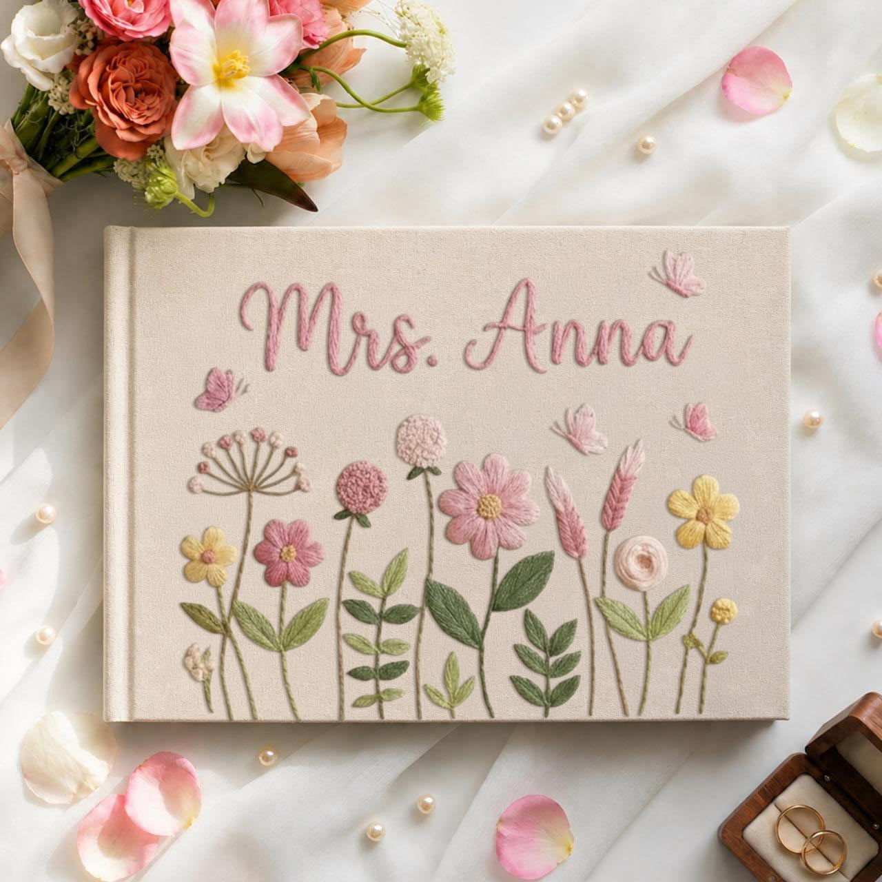 Personalized wildflower garden hand embroidered linen notebook with butterflies and custom name