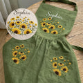 Hand Embroidered Cotton-Linen Apron, Sunflower Garden, Personalized Gift