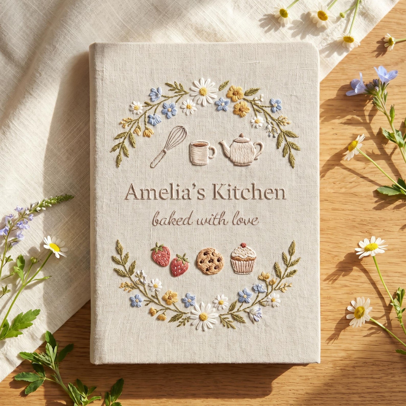 Personalized hand embroidered recipe book collection featuring floral kitchen wreaths, teacups, baking utensils, herbs, strawberries, cookies, and lemon botanical designs on linen covers