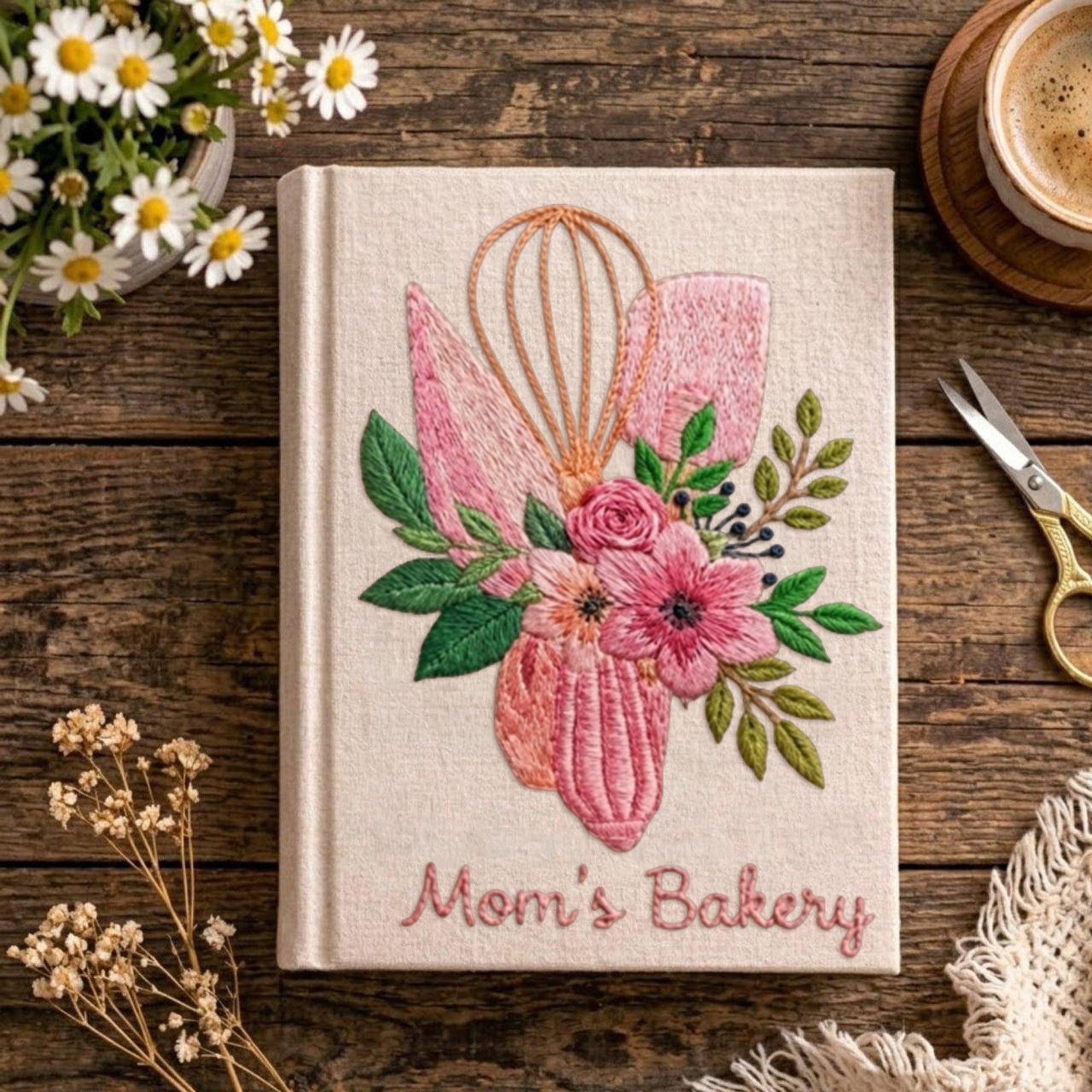 Personalized embroidered floral bakery recipe book handmade linen cookbook 2