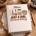 Personalized hand embroidered recipe book featuring baking tools, pantry ingredients, whisk illustrations, and rustic farmhouse baking-themed embroidery on a linen cover.