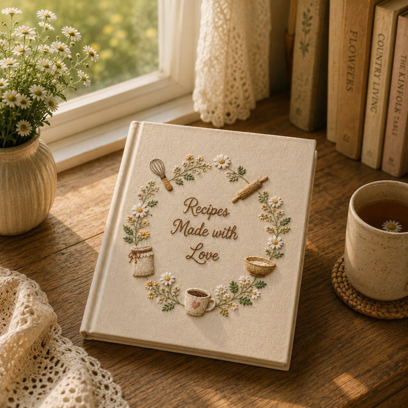 Hand embroidered recipe book featuring floral wreath baking utensils and cottagecore kitchen motifs on linen hardcover cover