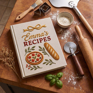Personalized hand embroidered recipe book featuring Italian pizza, artisan bread, herb accents and rustic kitchen inspired embroidery on a linen hardcover notebook.