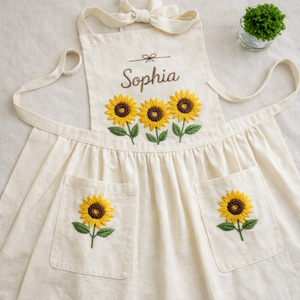 Personalized hand embroidered linen apron featuring three sunflower blooms, botanical foliage, floral pocket embroidery, and custom name personalization.