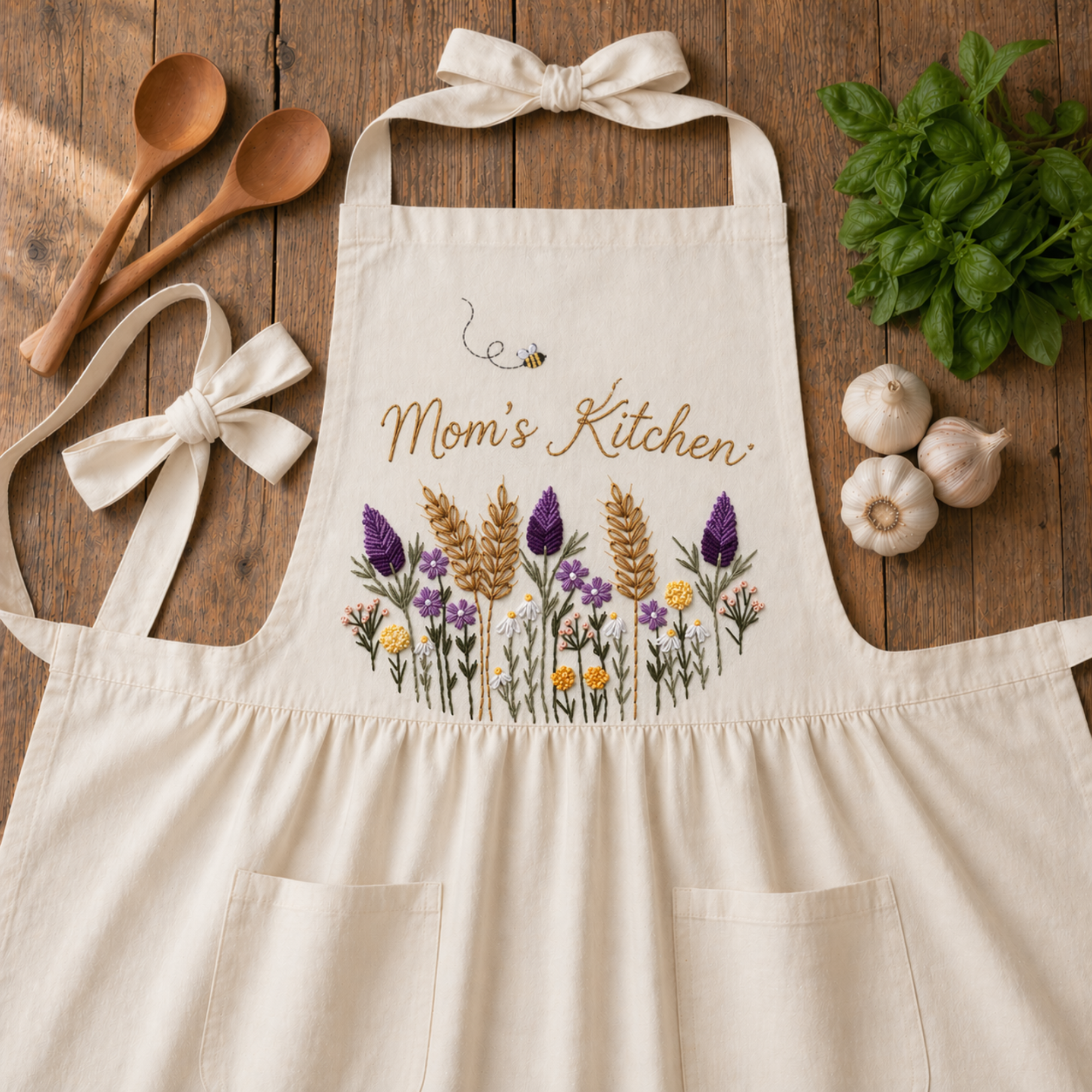 Personalized hand embroidered wildflower linen apron featuring Mom's Kitchen text, rustic floral meadow embroidery, custom kitchen apron for cooking baking gardening and gifts.