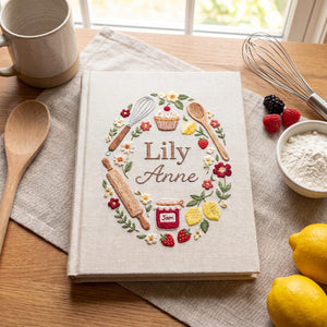 Personalized berry baking hand embroidered recipe book with strawberries lemons cupcake jam jar rolling pin and floral wreath embroidery