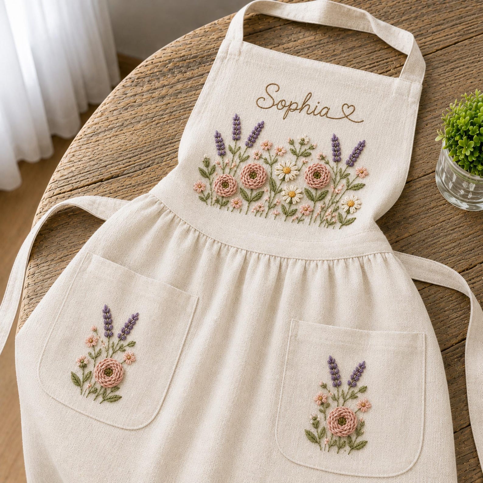 Personalized hand embroidered apron featuring lavender flowers, cottage garden blooms, botanical embroidery, and custom name on natural linen fabric.
