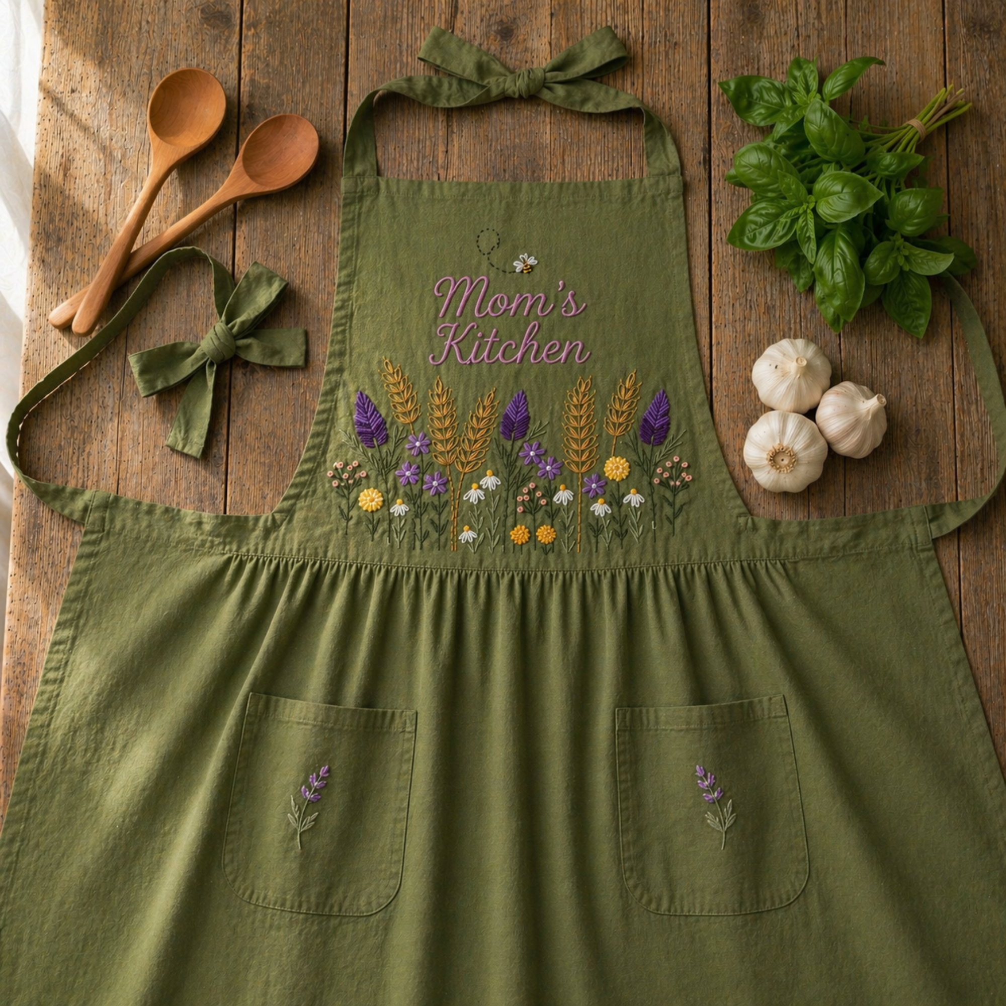 Personalized hand embroidered wildflower linen apron featuring lavender, meadow flowers and wheat botanical embroidery, custom kitchen apron for cooking baking gardening and floral gifts.