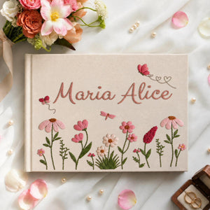 Personalized butterfly flower garden hand embroidered linen notebook with pink wildflowers and custom name
