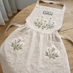Personalized hand embroidered linen apron featuring white daisy flowers, botanical foliage, custom name embroidery, and floral pocket details.