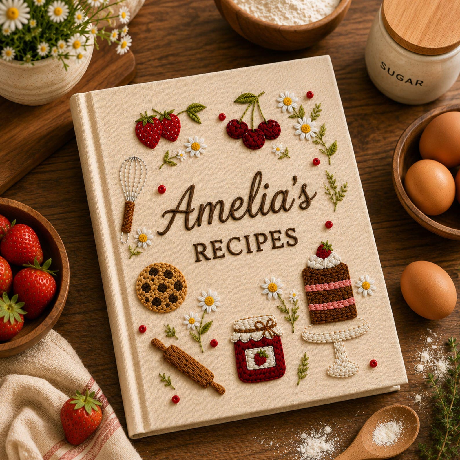 Personalized strawberry bakery hand embroidered recipe book featuring strawberries jam cupcakes layered cakes cookies and floral embroidery