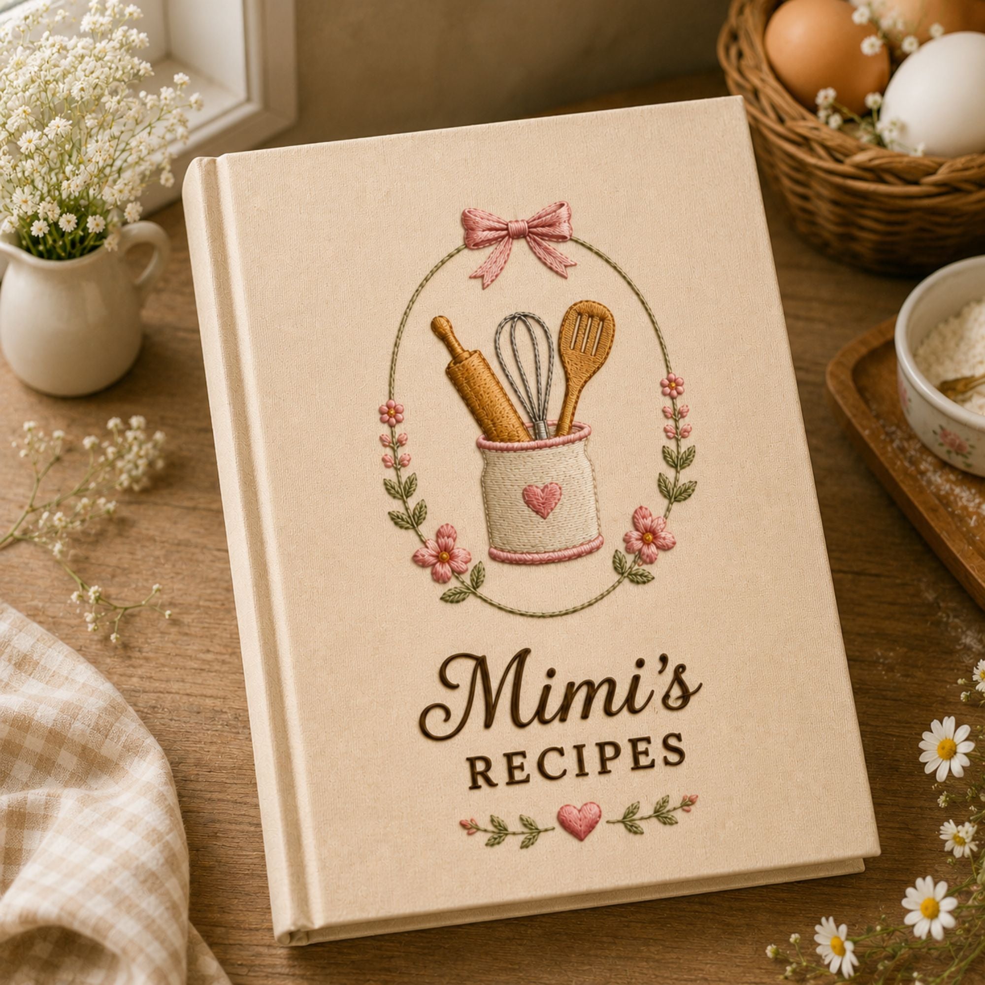 Personalized hand embroidered recipe book featuring a vintage utensil holder with rolling pin, whisk and wooden spoon surrounded by pink flowers and ribbon details on a linen cover.