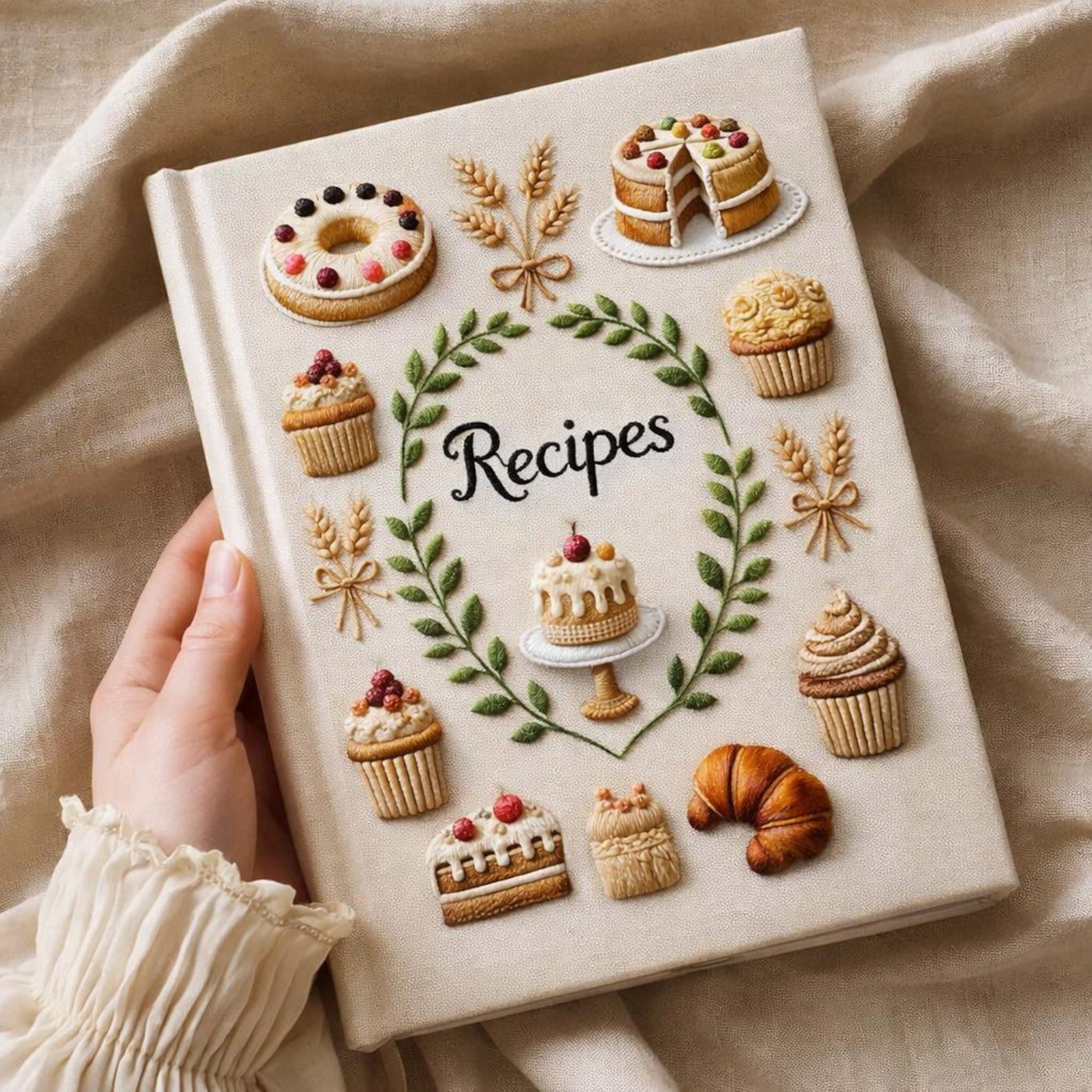 Hand embroidered recipe book featuring cakes, cupcakes, donuts, croissants and botanical wreath design on a linen cover.