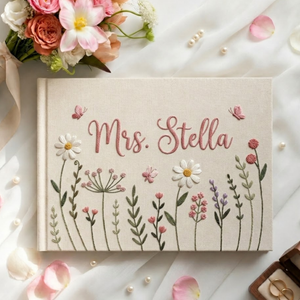 Personalized cottage garden floral hand embroidered linen notebook with daisies wildflowers and custom name