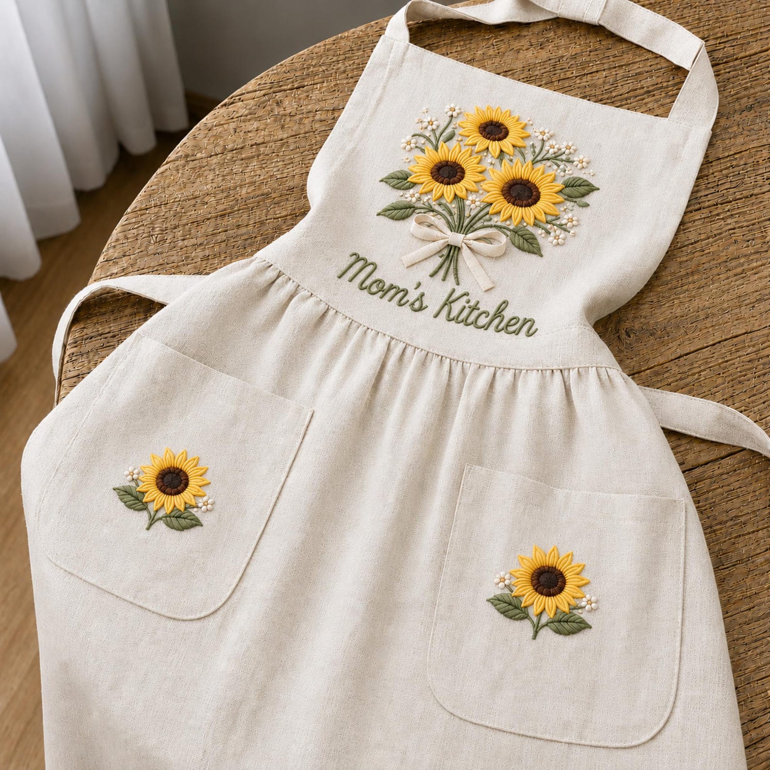 Personalized hand embroidered linen apron featuring a sunflower bouquet, white floral accents, ribbon detail, and custom name embroidery.