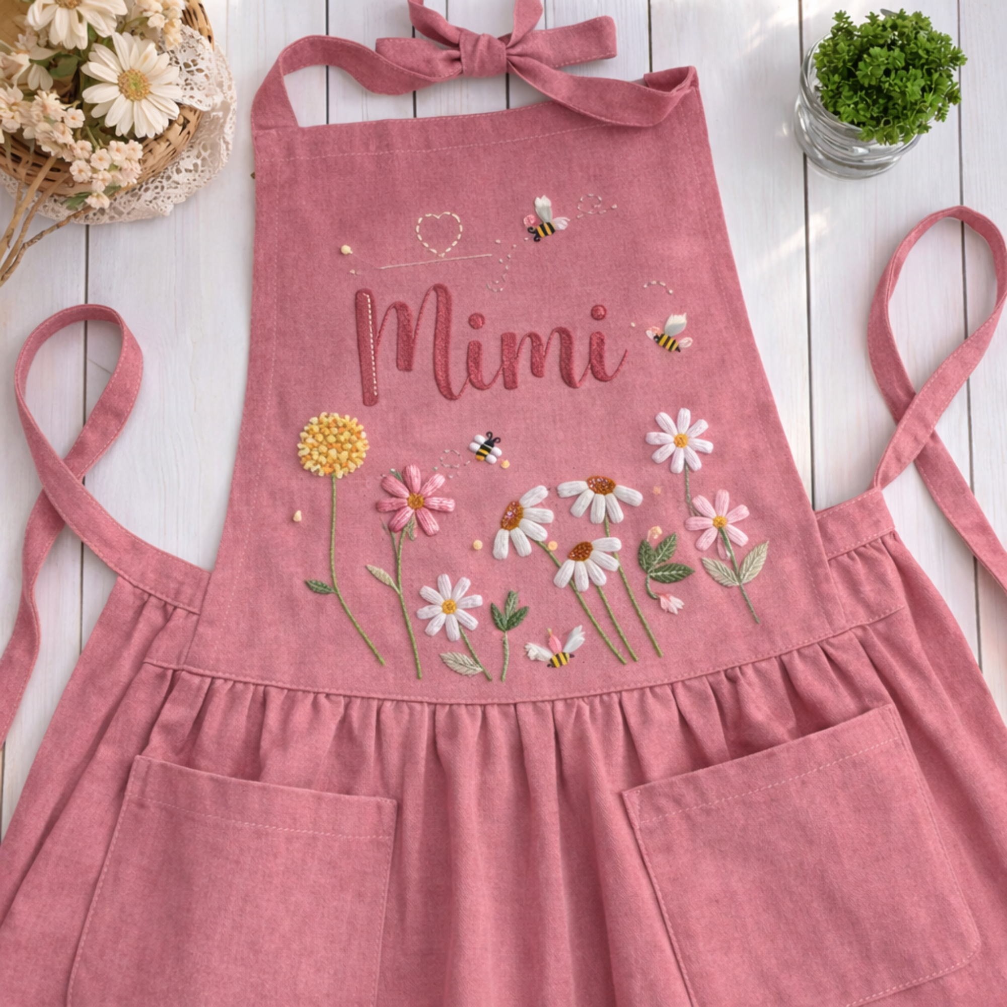 Personalized hand embroidered apron featuring bees, wildflowers, daisy flowers, and custom name embroidery on pink linen fabric.