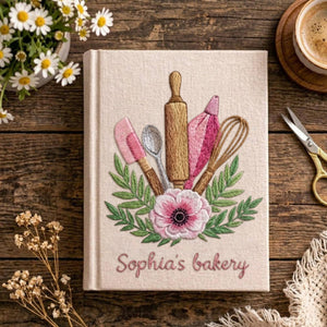 Personalized embroidered bakery recipe book handmade linen floral cookbook 1