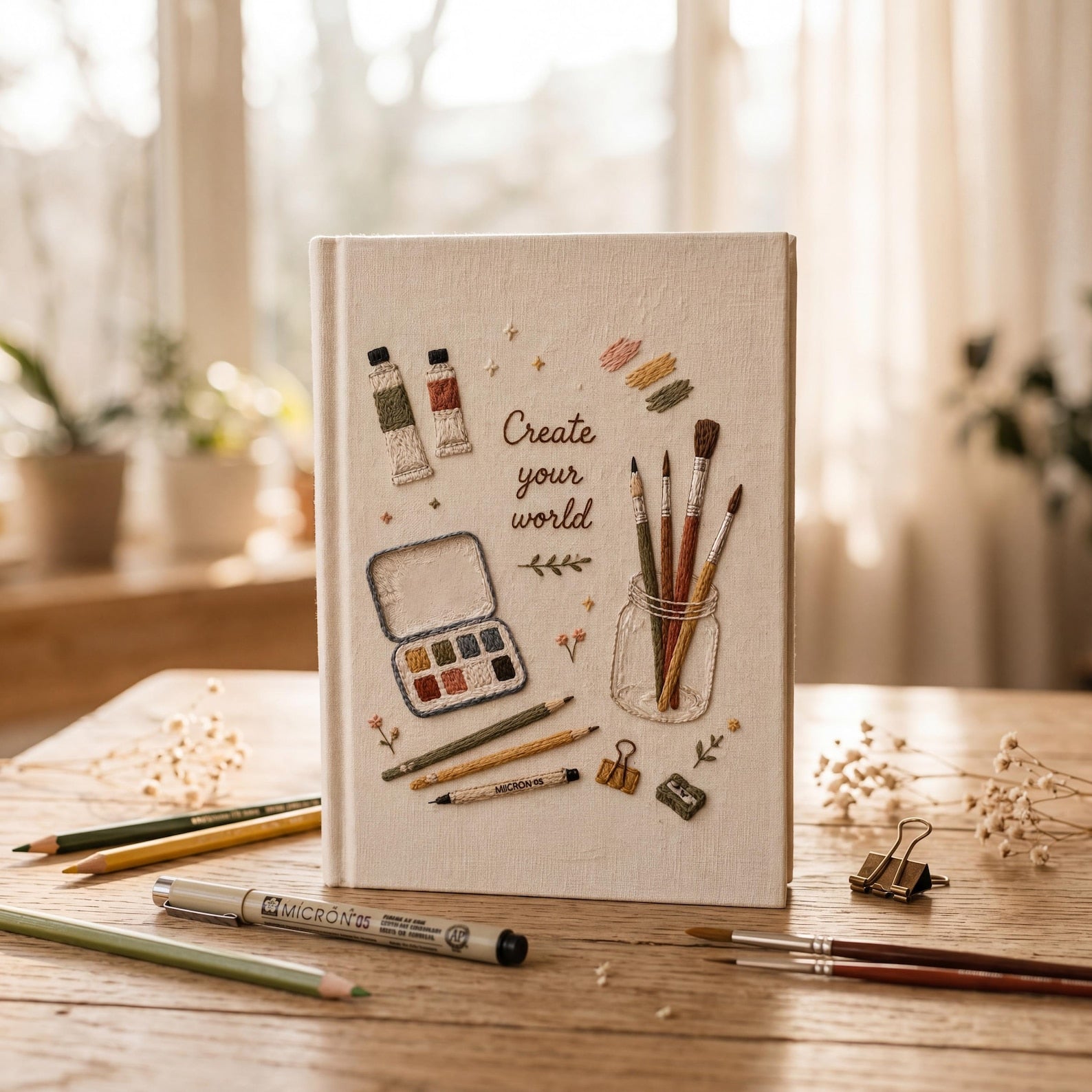 Hand embroidered artist journal featuring paint brushes watercolor palette pencils paint tubes and creative studio supplies on linen cover