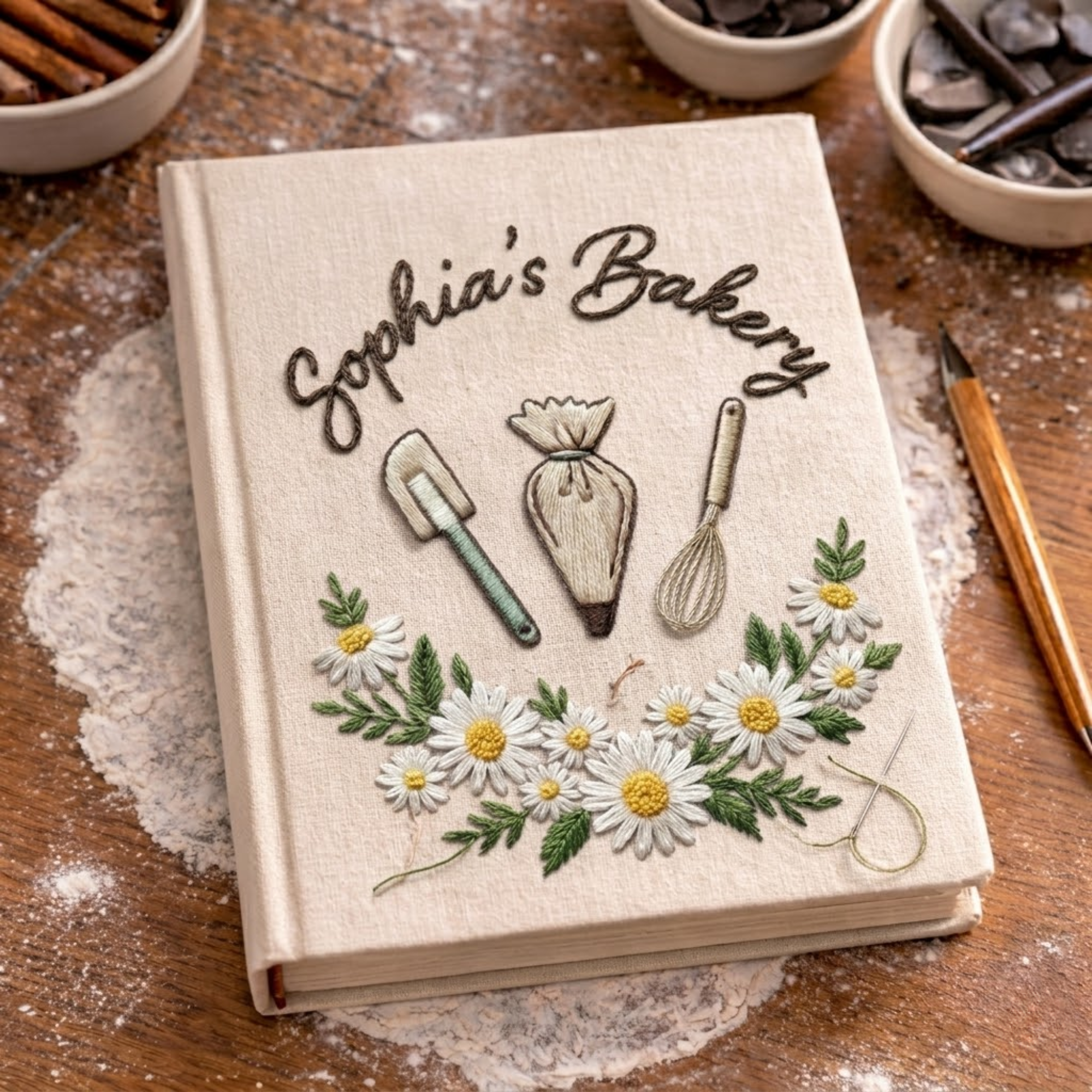 Personalized embroidered baking journal handmade linen recipe notebook with daisy flowers