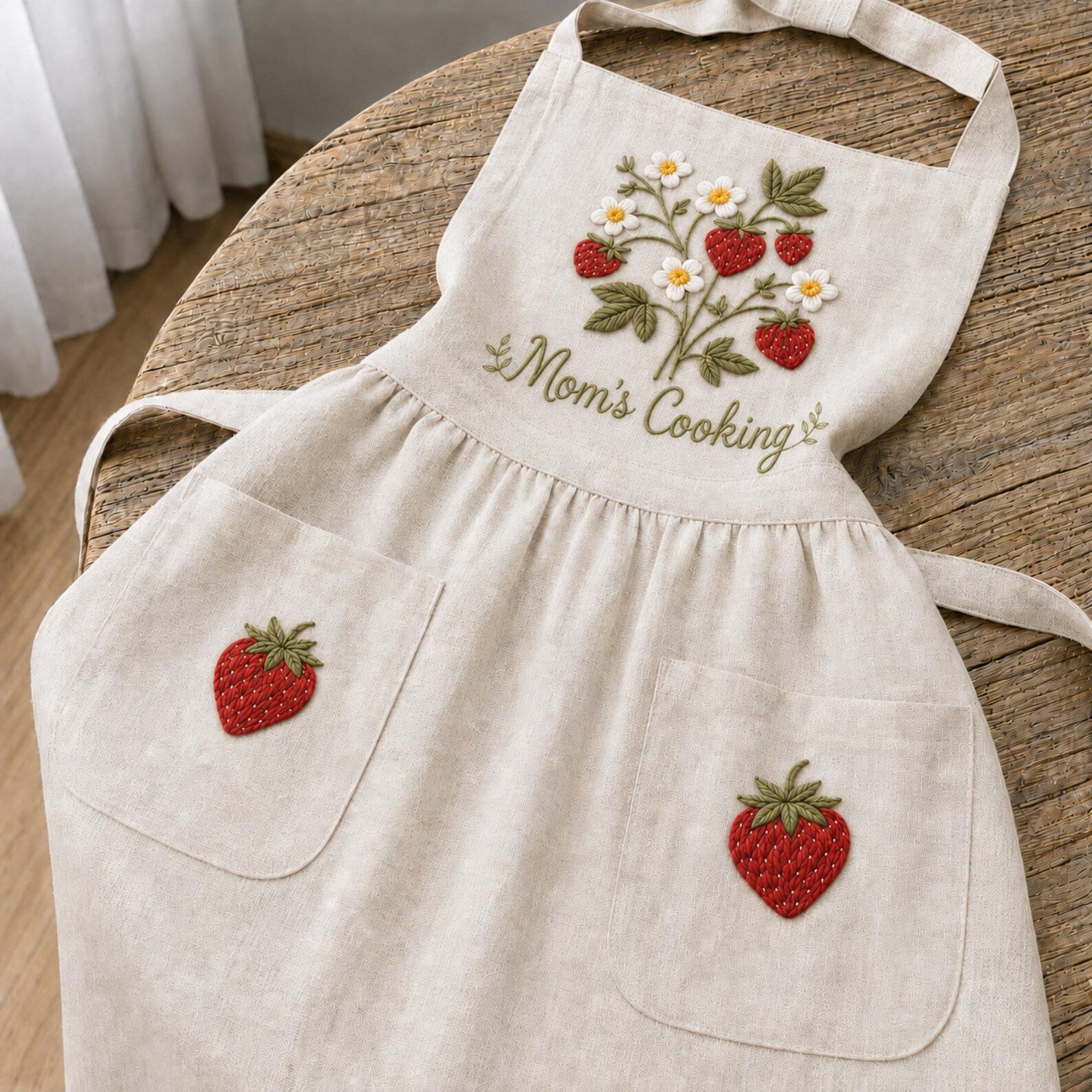 Personalized hand embroidered strawberry garden linen apron featuring strawberries, white flowers, botanical vines and custom text, cottagecore kitchen apron gift.