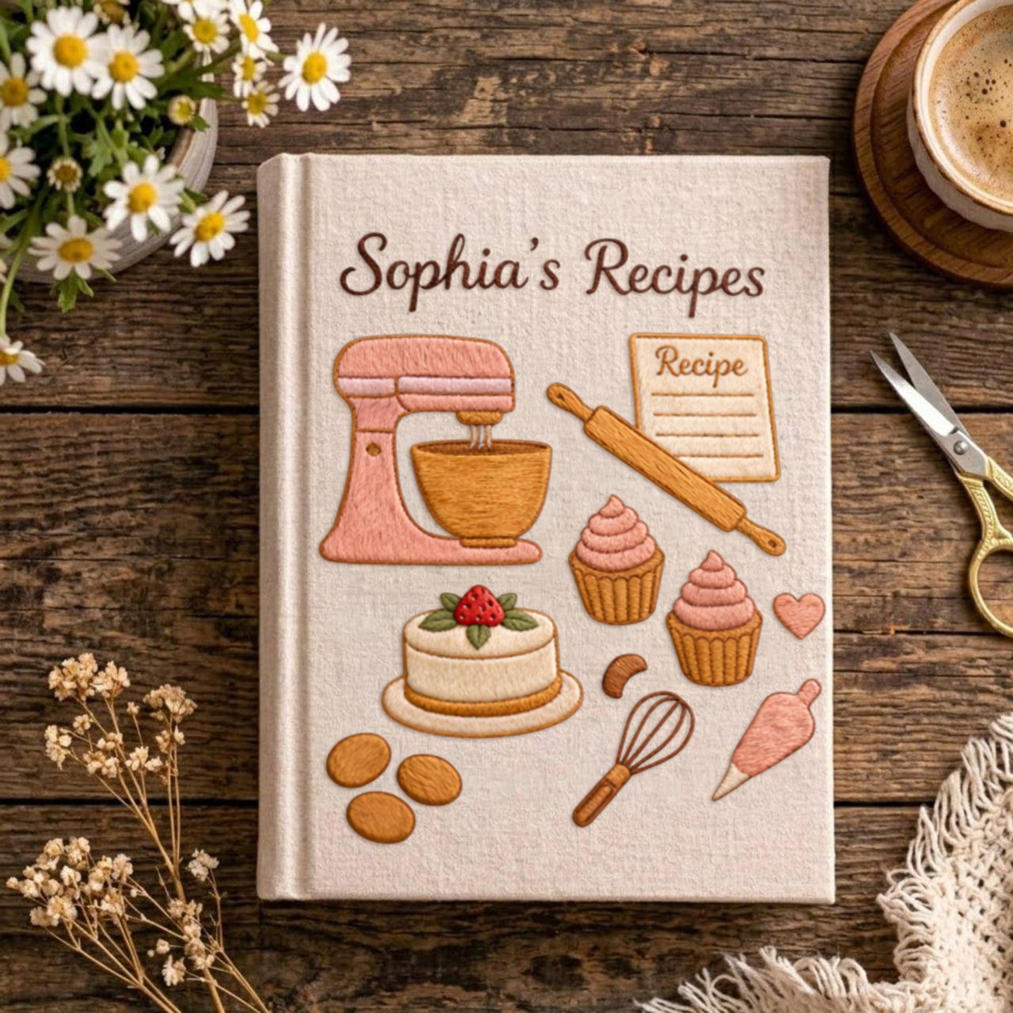 Personalized embroidered dessert recipe binder handmade linen baking journal 2