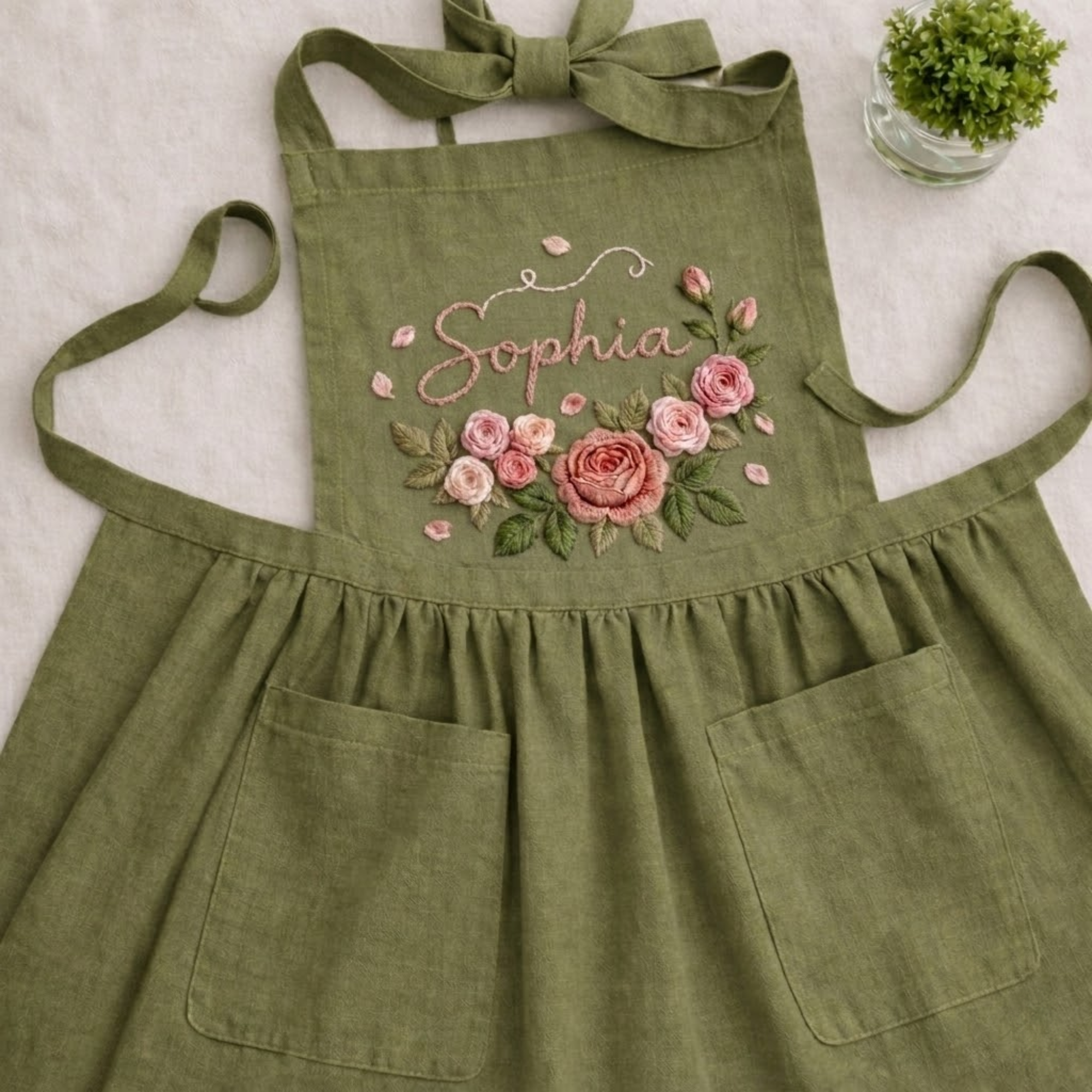 Personalized hand embroidered linen apron featuring pink rose floral embroidery and custom name personalization on a sage green apron.
