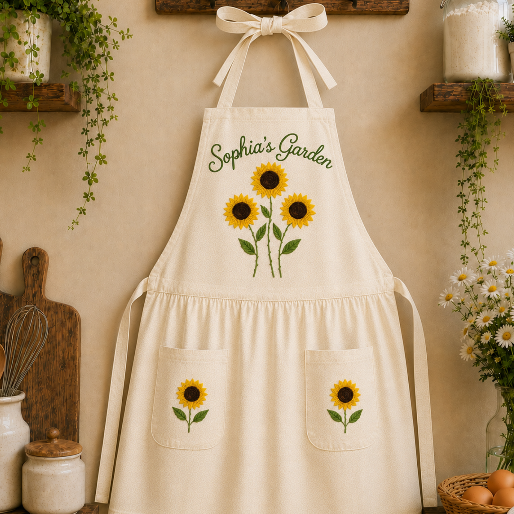 Personalized hand embroidered sunflower garden apron featuring custom garden name embroidery, floral linen cooking apron for women, gardening apron, florist gift, farmhouse kitchen apron.