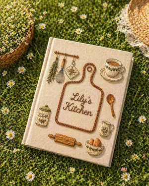 Hand embroidered recipe book featuring personalized cutting board design with rolling pin, whisk, sugar jar, teacup, eggs and cottage kitchen accents.