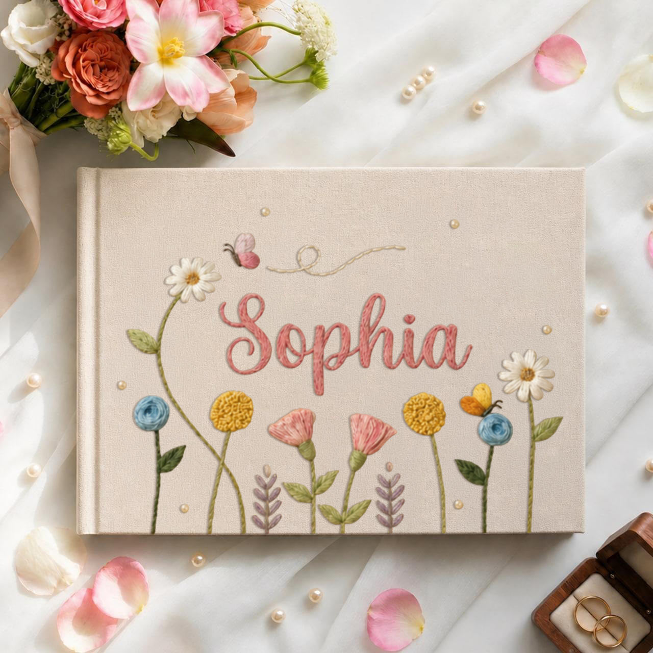 Personalized pastel wildflower hand embroidered linen notebook with butterflies colorful flowers and custom name
