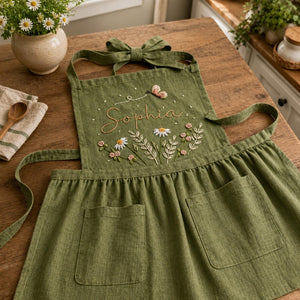 Personalized hand embroidered linen apron featuring wildflowers, daisies, botanical foliage, butterfly embroidery, and custom name embroidery on green linen fabric.