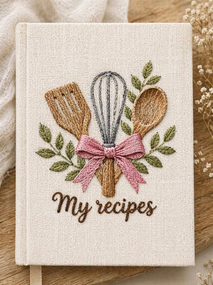 Hand embroidered recipe book featuring whisk, wooden spoon, spatula, pink ribbon and leafy branches on linen cover.
