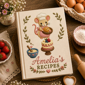 Personalized baking mouse hand embroidered recipe book with custom name and cottagecore bakery design