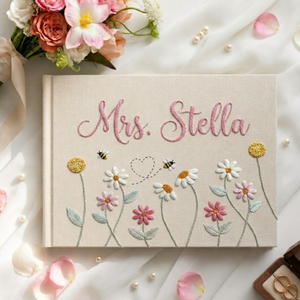 Personalized daisy bee hand embroidered linen notebook with floral meadow and custom name