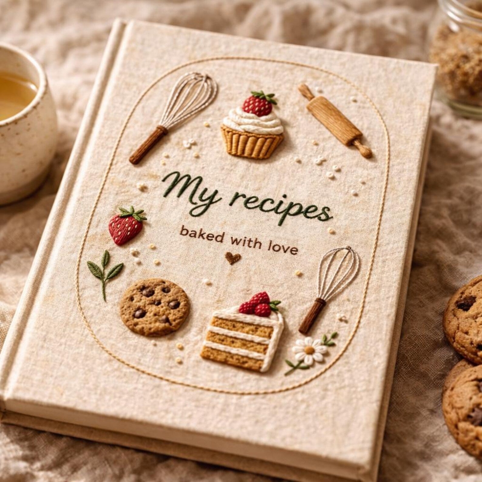 Hand embroidered recipe book featuring strawberries, cupcakes, cakes, cookies, whisks and baking tools on a linen cover.