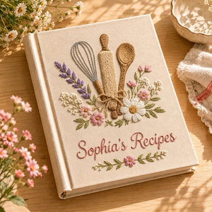 Personalized hand embroidered recipe book featuring floral baking utensils embroidery on linen hardcover notebook