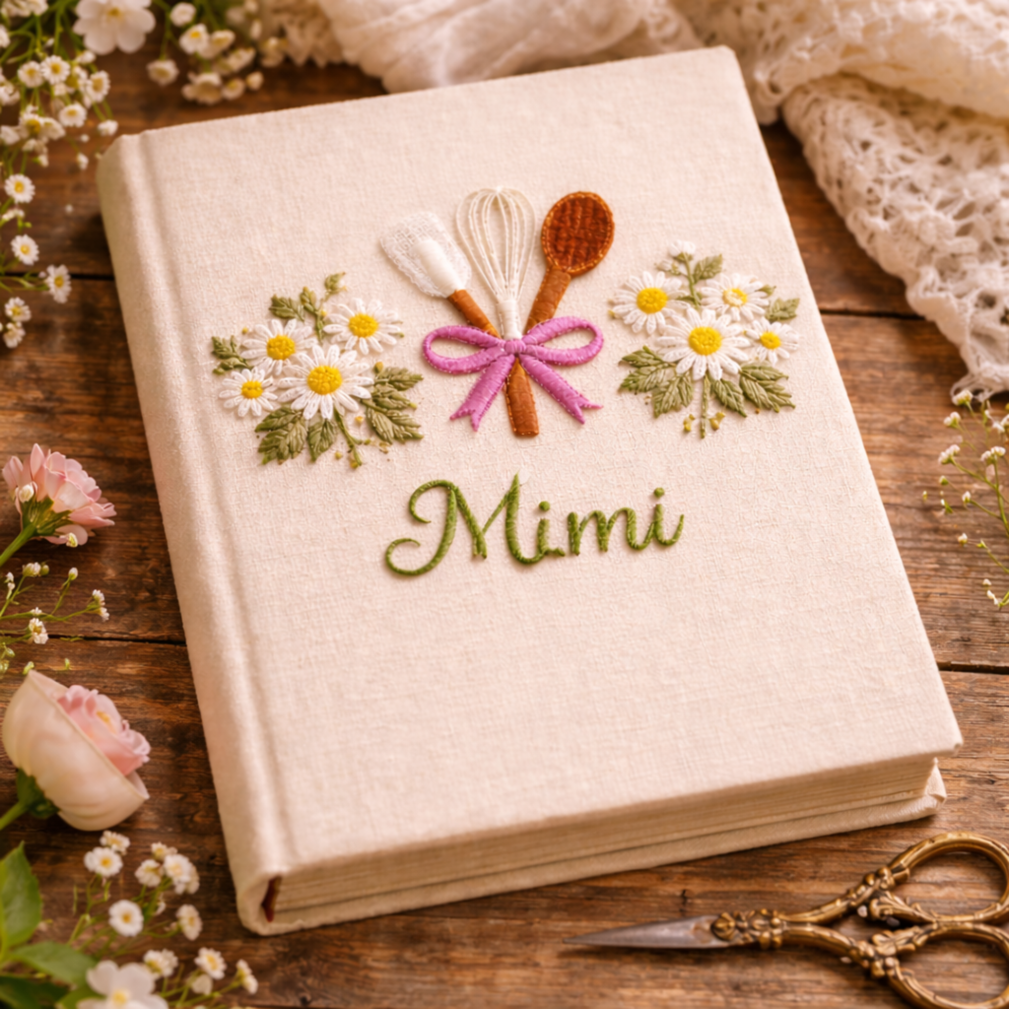 Personalized hand embroidered recipe book featuring a whisk, spatula, wooden spoon tied with a pink ribbon and surrounded by white daisies on a linen cover.
