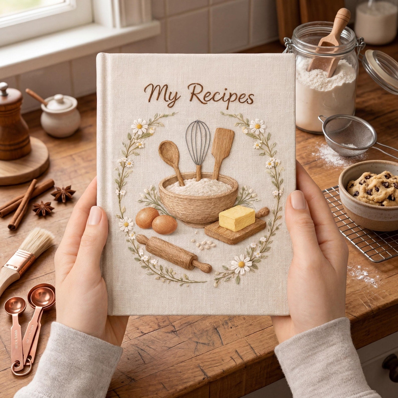 Hand embroidered recipe book featuring mixing bowl flour eggs butter rolling pin whisk and daisy floral wreath on linen cover