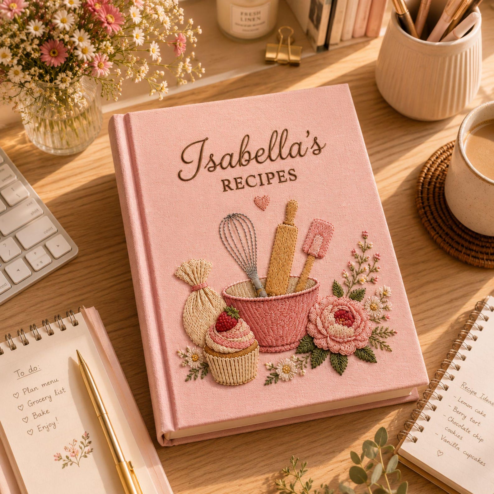 Personalized bakery flower hand embroidered recipe book with mixing bowl whisk rolling pin cupcake and floral embroidery on linen cover